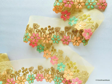 Gold Sheer Tissue Fabric Trim With Embroidered Pastel Pink, Green & Gold Flowers, Embellished With Beads